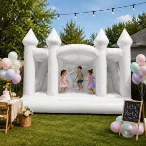 Lâu đài bouncy hơi nước trắng tùy chỉnh với hai cầu trượt, sân chơi hơi cho thuê cho bữa tiệc