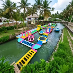 Công viên nước nổi thể thao ngoài trời có thể tùy chỉnh, cầu trượt bơm hơi, lâu đài nhảy cho trẻ em