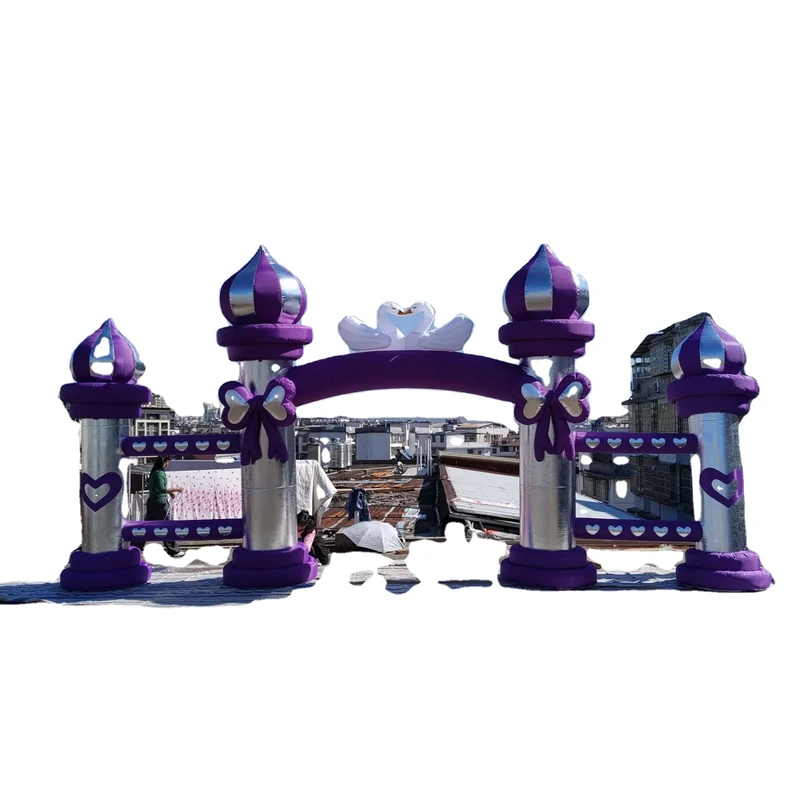 Gerbang Pernikahan Inflatable Kustom dengan Desain Angsa Dekorasi Ungu dan Perak untuk Acara Pernikahan dan Pesta Outdoor