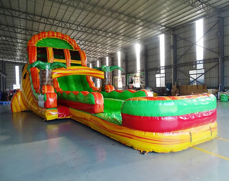 Customized Giant Dual Lane Commercial PVC Palm Tree for Inflatable Slide with Colorful Pool for Backyard Tropical Them