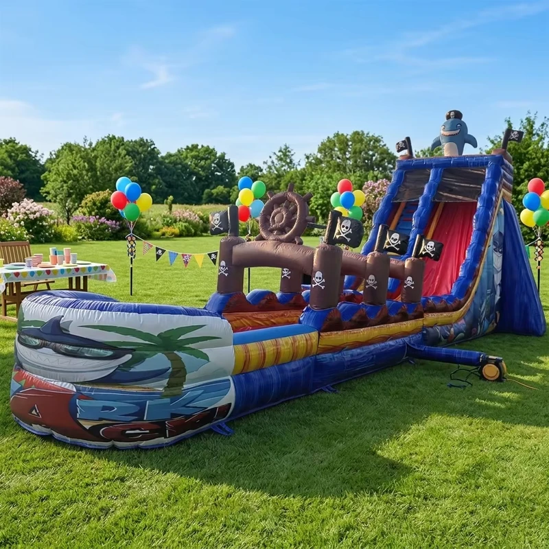 Scivolo d'acqua gonfiabile gigante a tema pirata personalizzato, lungo percorso avventura, scivolo ad ostacoli gonfiabile per noleggio eventi
