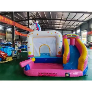 Kastil Inflatable Warna Macaron PVC 4x4x3M dengan Seluncuran Trampolin Desain Unicorn