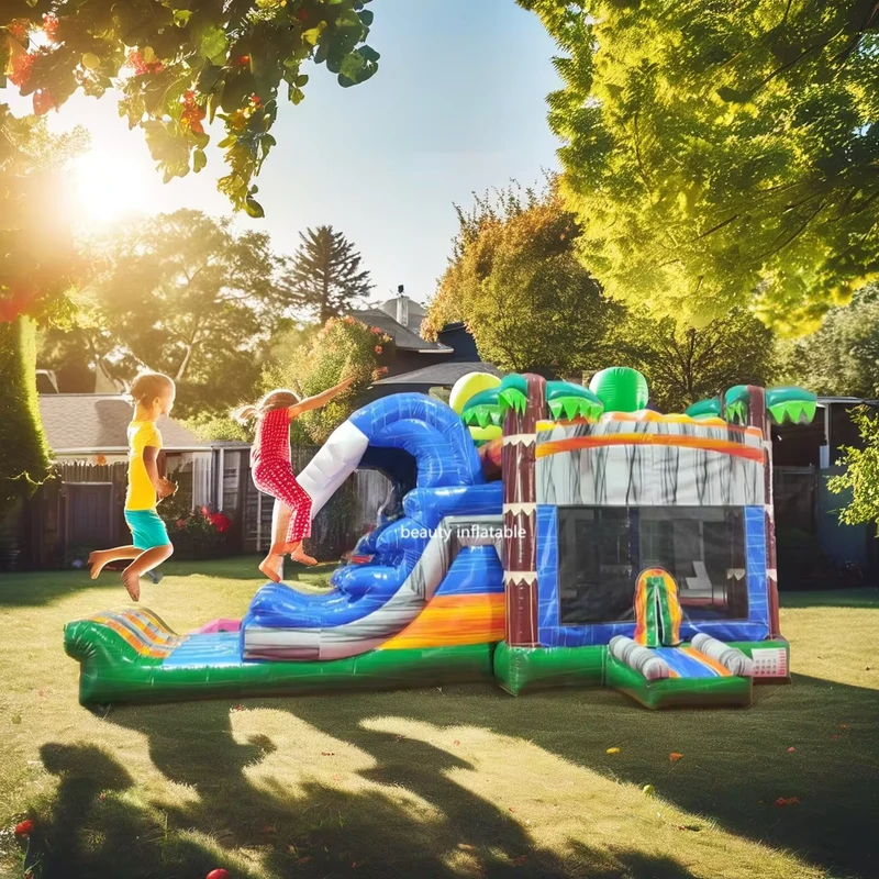 Aangepaste Palmboom Commerciële Nat Droog Bouncer Glijbaan Combinatie Opblaasbaar Kasteel Combinatie en Waterglijbaan voor Feestbedrijf