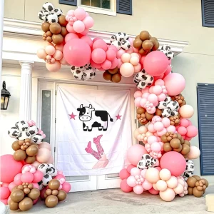 Kit di ghirlande di palloncini a strisce rosa e marrone con stampa di mucca carina per baby shower e decorazioni per feste di compleanno