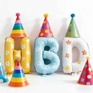 Cute Floral “HBD” Letter Foil Balloon Set Pastel Colors for Kids Birthday Party Backdrop Decor