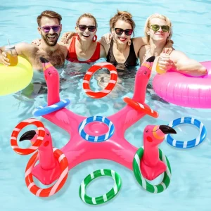 Cute PVC Inflatable Flamingo Water Pool Ring Toss Game Set Toy Accessories for Kids and Adults Swimming Pool Fun