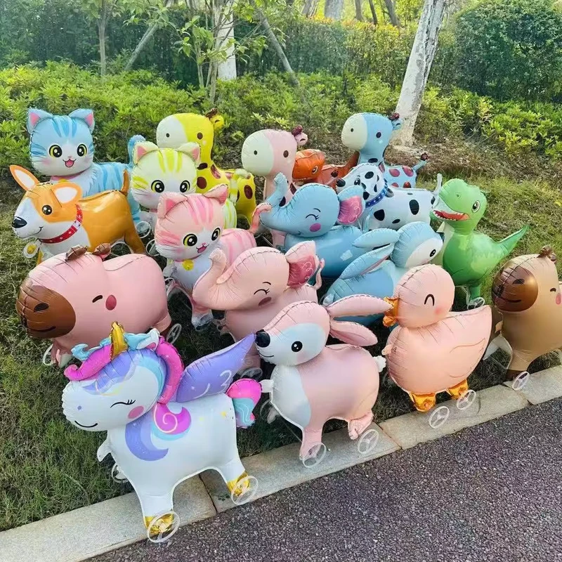 かわいい歩く動物のホイルバルーン、車輪とロープ付き、車輪の上を歩く象、ユニコーン、ライオン、犬、猫、ウサギのホイルバルーン、子供用