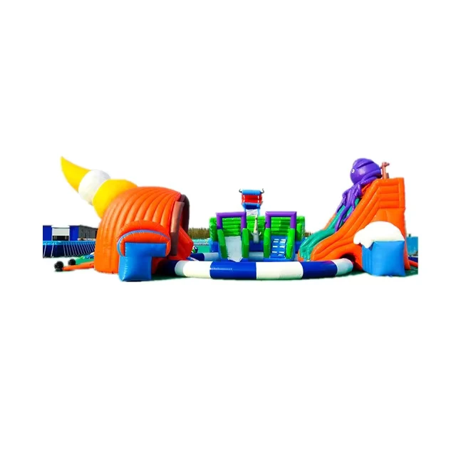 Công viên nước di động inflatable trên mặt đất đường kính 35 m với cầu trượt hồ bạch tuộc cho trẻ em và người lớn