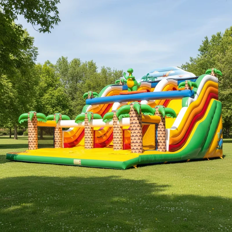 Juego Inflable de Deslizamiento Seco Dino World para Alquiler Comercial, Toboganes de Doble Carril para Niños