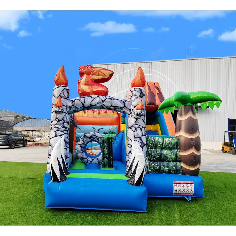 Dinosaur Volcano Inflatable Bounce House With Multi Color Enclosed Slide For Outdoor Kids Birthday Party Entertainment