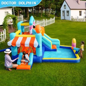 Doctor Dolphin Manufacturer Direct Inflatable Water Bounce Castle Combo Slide Easy Setup 3 Person 135KGS Capacity Kids