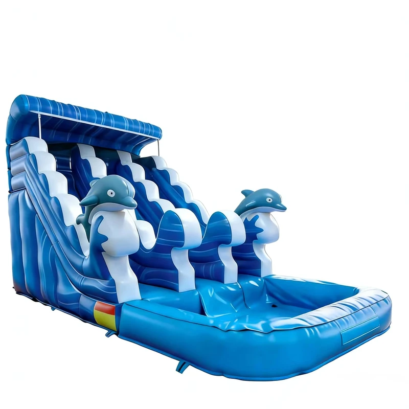 Scivolo d'acqua gonfiabile a tema onda di delfino a tre corsie Materiale PVC ecologico 6-12 passeggeri di grado commerciale per esterni