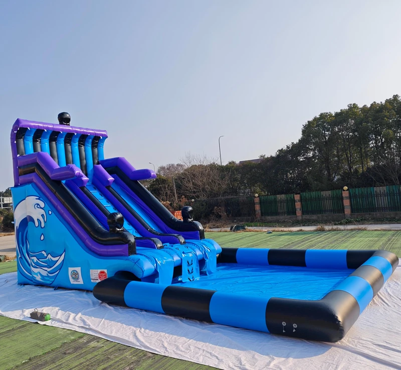 Seluncuran Inflatable Jalur Ganda, Seluncuran Air Luar Ruangan Komersial, Seluncuran Inflatable dengan Kolam