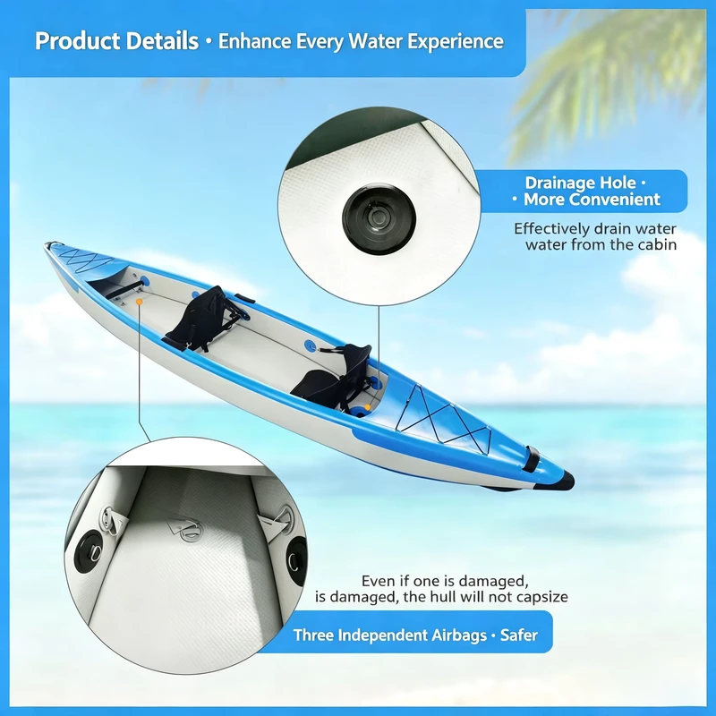 Caiaque Inflável de Duplo Assento em PVC, 3 Câmaras de Ar, Canoe Dobrável para Pesca, Viagens e Entretenimento Aquático