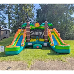 Castello Gonfiabile con Doppio Scivolo, Casa Gonfiabile Commerciale, Combinazione Scivolo d'Acqua, PVC 0.55mm, 5mx4m, 300kg