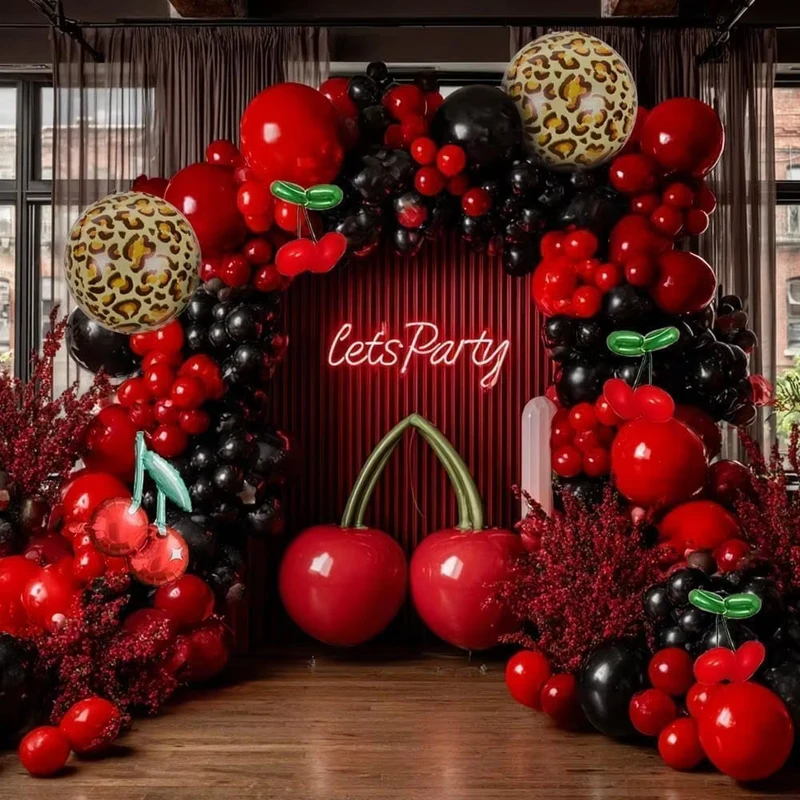 Double Stuffed Burgundy Red Black Luxury Cluster Birthday Inflatable Decoration Party Set Kit Cherry Garland Balloon Arch