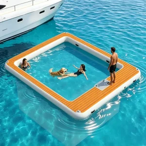 Drop Stitch 12'x10' Zwemplatform Inflatable Drijvend Dock zee-eiland met Veiligheidsnet en Antislip EVA