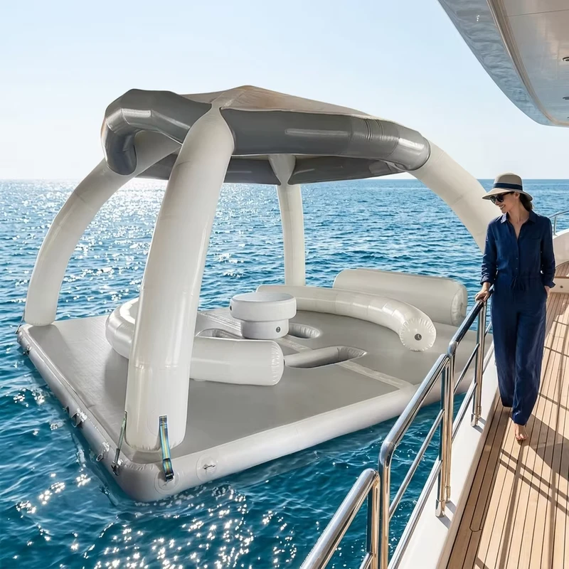 Dock flottant en Drop Stitch avec tente, plateforme de dock gonflable pour amusement aquatique en lac