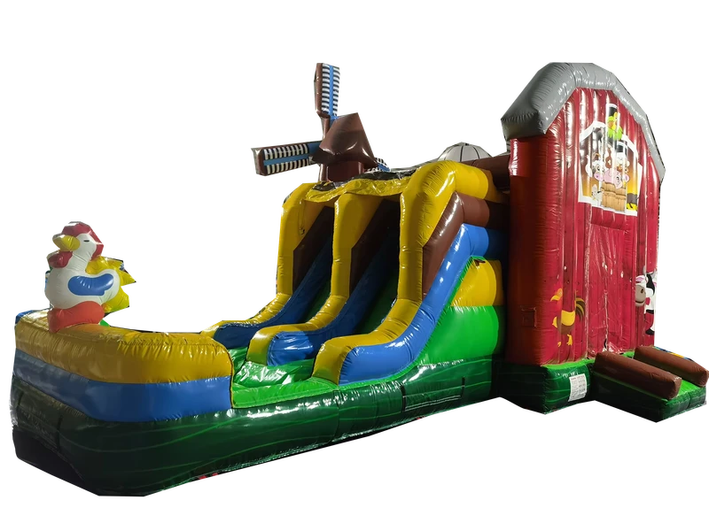 Dual Lane Kommerzieller Aufblasbarer Landwirtschaft Nass-Trocken Hüpfburg Schloss Combo Bouncer mit Rutsche Splash Pool für Kinder