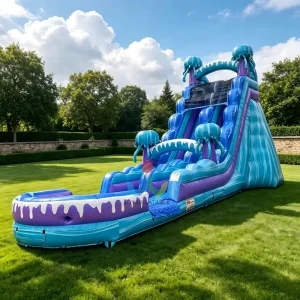 Tobogán Inflable de Medusas de Doble Carril con Piscina, Criaturas Oceánicas, Onda Azul, Fabricado con Tela de PVC de Grado Comercial