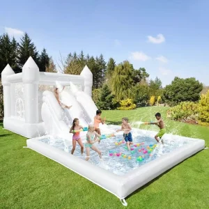Durable 13×7 Feet Inflatable White Wedding Bouncy House Moon Walk Bouncer Bouncing Castle with Pool for Party