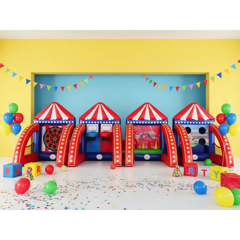 Permainan Karnaval Inflatable 4 dalam 1 PVC Tahan Lama, Target Sepak Bola, Permainan Menembak Bola Basket Mengapung untuk Sewa Pesta