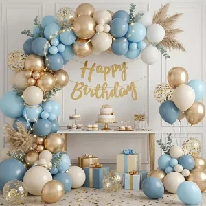 Globos de Látex Azul Polvoriento y Dorado 60 Unidades 12 Pulgadas Champagne Dorado Metalizado para Decoraciones de Baby Shower y Bodas