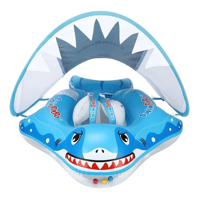 Float gonfiabile ecologico per bambini a forma di squalo - Anello da nuoto con tendalino per giochi in acqua