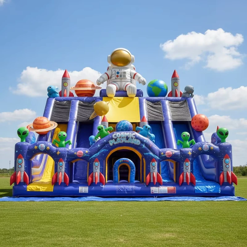 Eco Friendly Safe Play Bouncy Castle Commercial Cosmic Bounce House Bouncer Jumping Sliding 0.55mm PVC Inflatable Castle