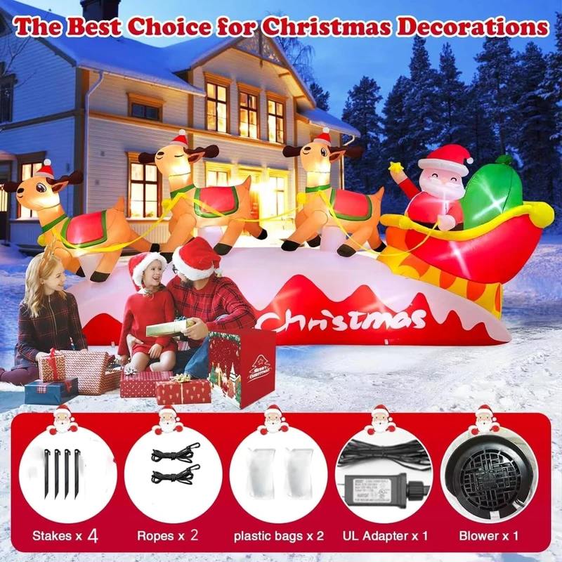 Trang trí Giáng sinh bơm hơi LED chống nước 10FT Xe trượt tuyết Santa 3 tuần lộc tùy chỉnh từ nhà máy