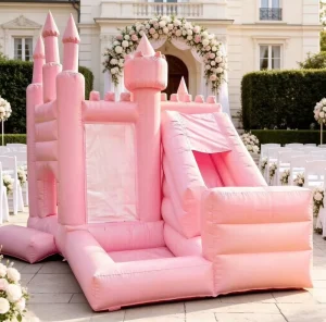 Castello Gonfiabile Magico Rosa in PVC Personalizzato per Bambini con Scivolo Certificato EN14960 per Interni ed Esterni