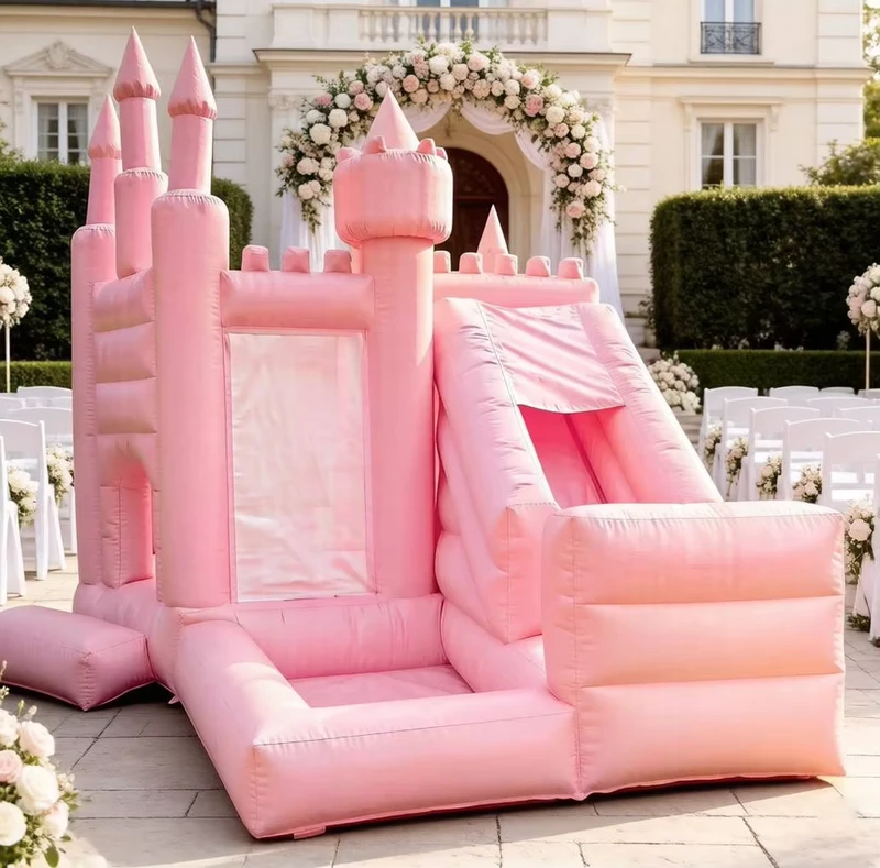 Maison Gonflable Combo Magique Rose PVC Personnalisée avec Toboggan, Certifiée EN14960, Intérieur/Extérieur
