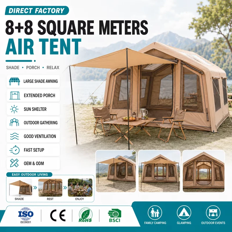Nhà máy trực tiếp OEM ODM Logo tùy chỉnh 8+8 Sqm Lều bơm hơi, lều đường hầm lắp đặt nhanh với cửa sổ lưới