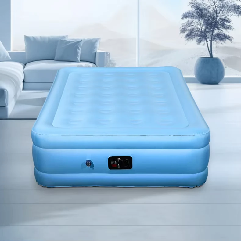 Fabrikdirekt Queen Size aufblasbares Bett, niedrige MOQ, doppelt erhöhtes Stoff-Luftmatratze mit integriertem Pumpen