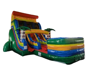 Factory Dual Lane Commercial Inflatable Tropical Palm Tree Water Slide Bounce House Castle with Giant Swimming Pool