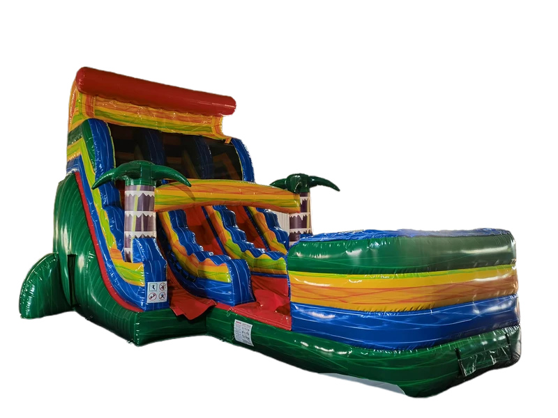 Castillo Inflable Comercial de Tobogán de Agua Tropical de Doble Carril con Piscina Gigante