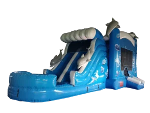 Factory Price Dual Lane Commercial Inflatable Dolphin Blue Bounce House Castle Slide Combo With Pool for Kids Summer Party Event