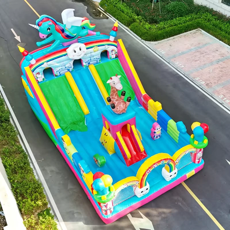 Castelo Inflável para Crianças com Tema de Unicórnio para Festas em Família, Combo com Grande Escorrega, Casa de Saltos