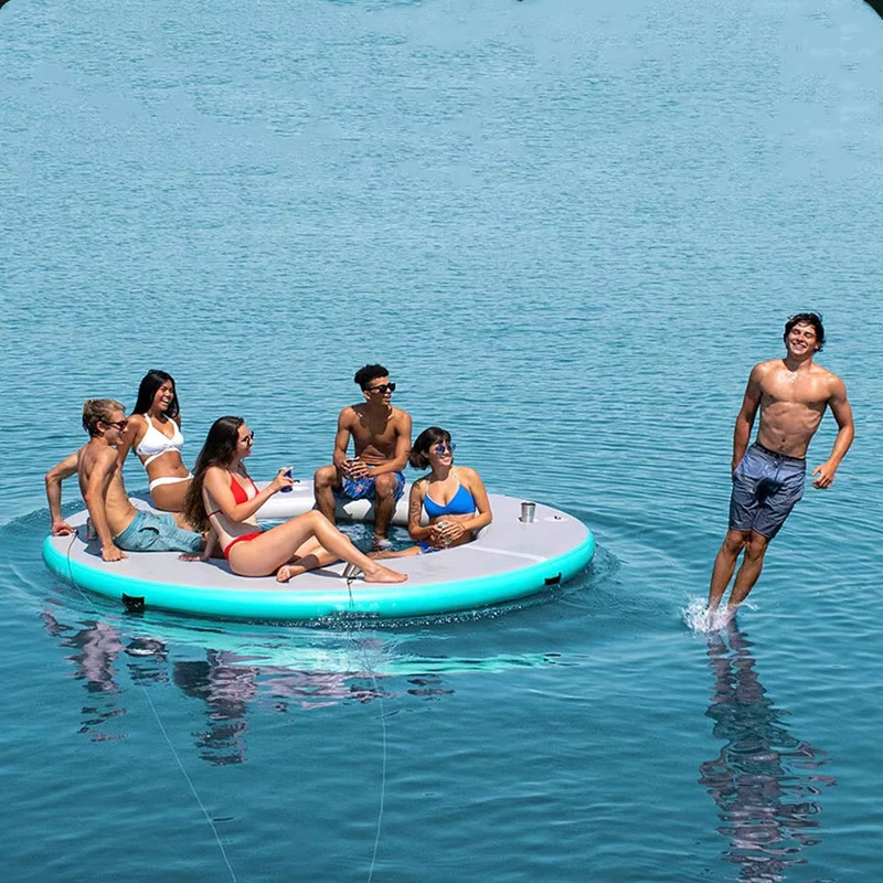 Île flottante circulaire en maille personnalisée, yacht gonflable en PVC, installations de loisirs aquatiques