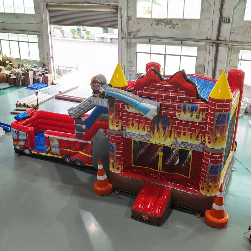 Château Gonflable Camion de Pompiers avec Toboggan en PVC Ignifuge Capacité 1000kg Couleur Personnalisable Locations