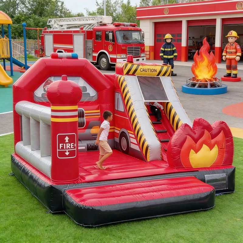 Casa de Saltos Inflável de Caminhão de Bombeiros com Escorrega - Material em PVC, Capacidade de 400kg, 20 Passageiros