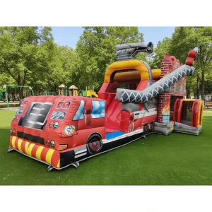 Fire Truck Theme Inflatable Bounce Combo Fire Engine Jumping Castle With Slide Kids Outdoor Play Commercial Party Rental