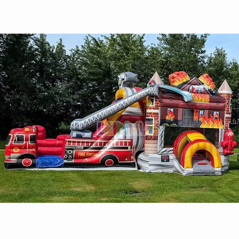 Combo de Tobogán de Agua Inflable con Tema de Camión de Bomberos, Castillo Inflable para Eventos de Verano
