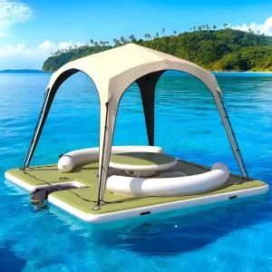 Floating Dock Lounge with Canopy Inflatable Water Platform with Ladder Double Seats Table & Sunshade