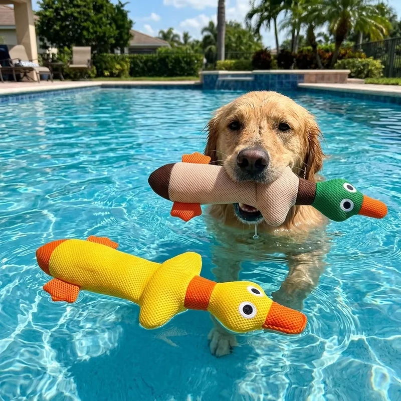浮遊プールおもちゃ 噛みつき防止の鳴き声メッシュ生地のロングネックダック犬用噛むおもちゃ