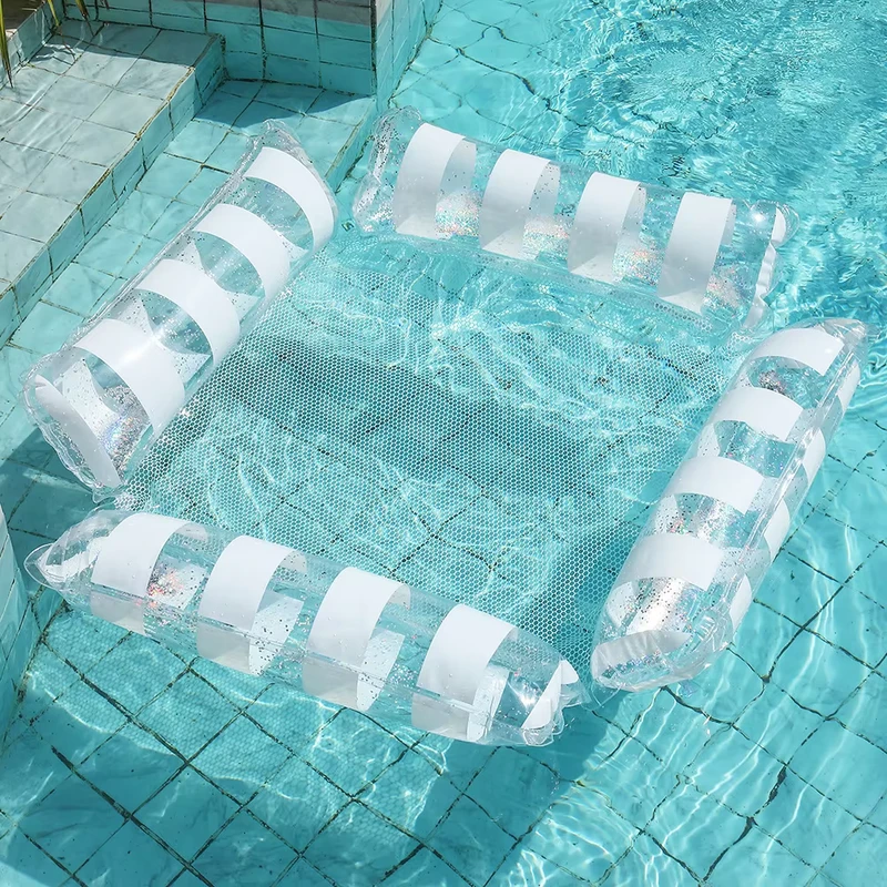 เก้าอี้นอนพองลมวัสดุ PVC แบบพับได้ สี่ท่อ พร้อมพนักพิงลายทาง สำหรับนอนเล่นในน้ำ