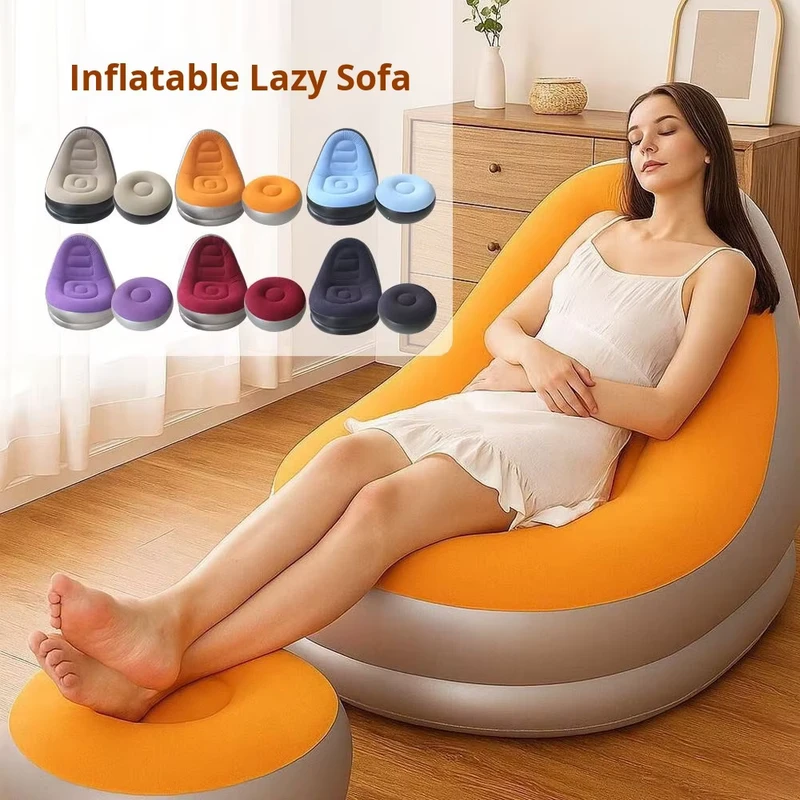 Opvouwbare Inflatable Sofa Stoel met Voetsteun Moderne PVC Gevlokt Thuis Luie Recliner Lounge Buiten Kamperen Draagbare Luchtbank