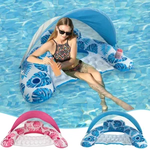Foldable PVC Inflatable Adult Water Lounger with Cup Holder Floating Row for Pool Sunshade Canopy Leaf Seat
