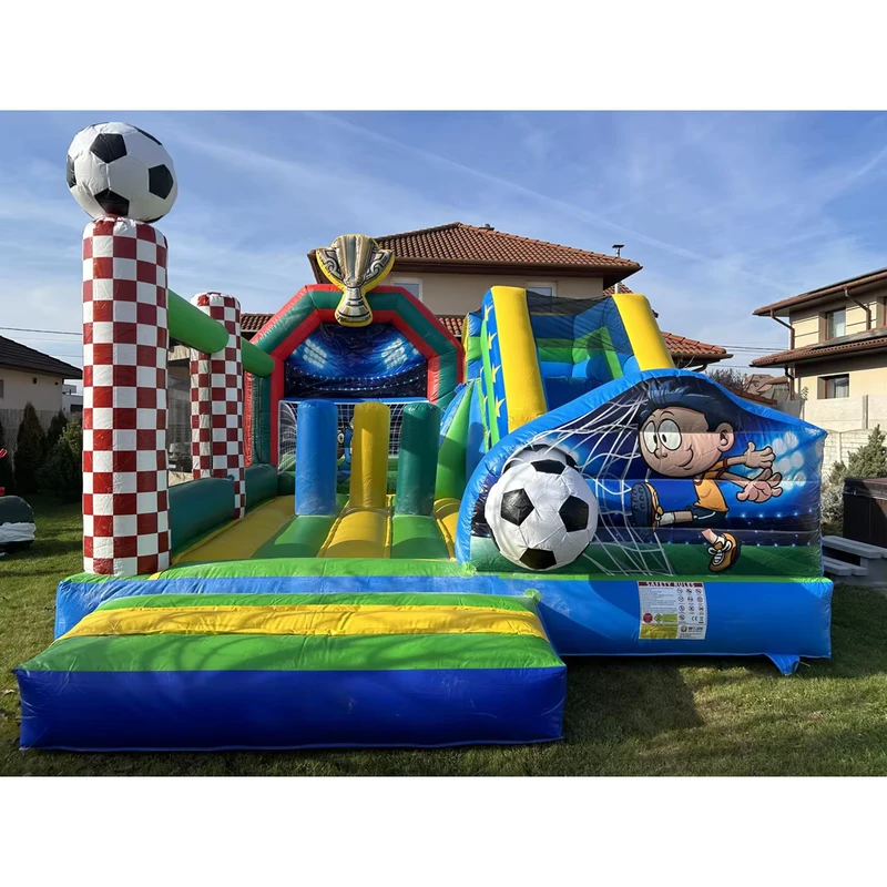 Fußball aufblasbares Hindernis-Bounce-Castle mit Rutsche, farbenfrohes Sport-Themen aufblasbares Sprunghaus für Kinder