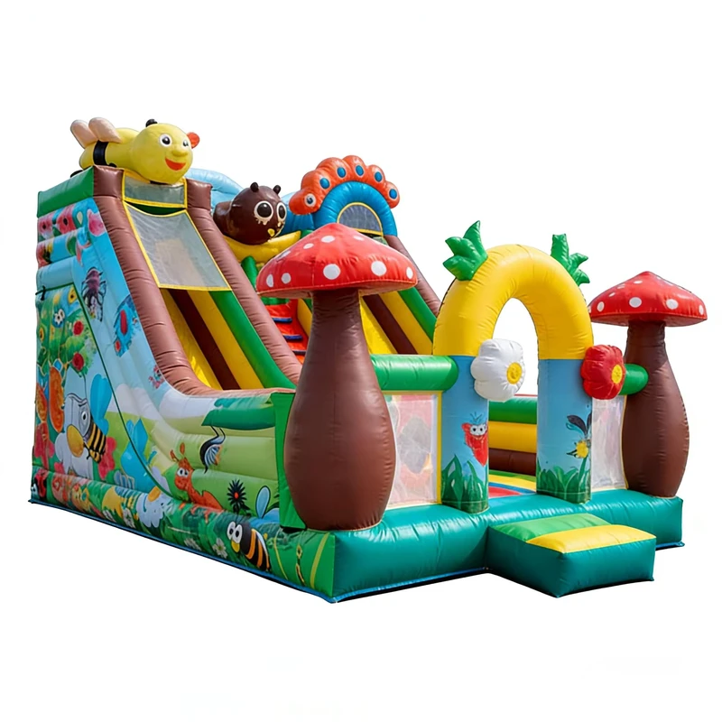 Forest Bug Themed Inflatable Obstacle Dual Slide Combo Kids Nature Adventure Playground Multicolor Insect Bouncer Parties